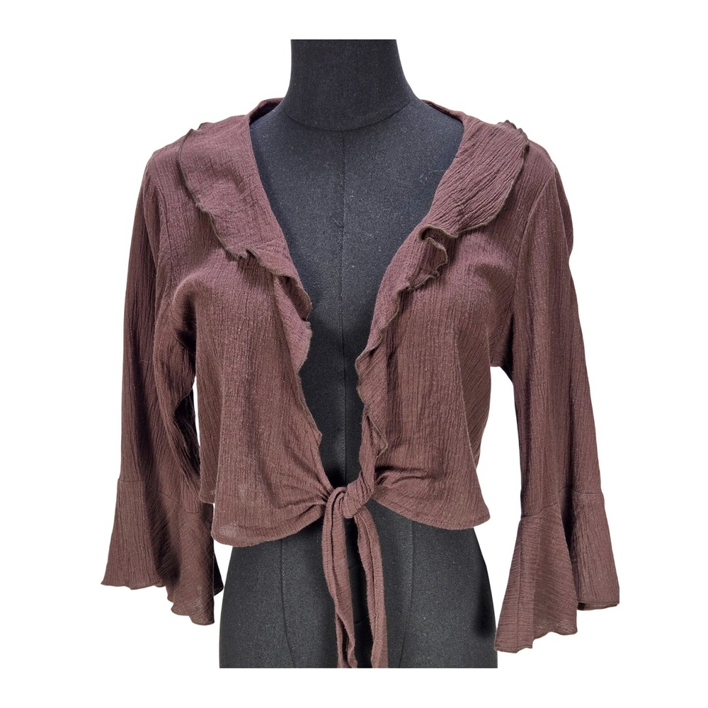 Women's ALC Y2K Medium P Brown Cotton Gauze Tie Front Ruffle Cropped Shrug Top